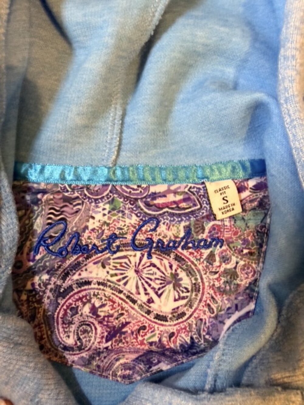 Robert Graham Hoodie Mens S Light Blue Paisley Lined Pullover Button Placket - Picture 4 of 5